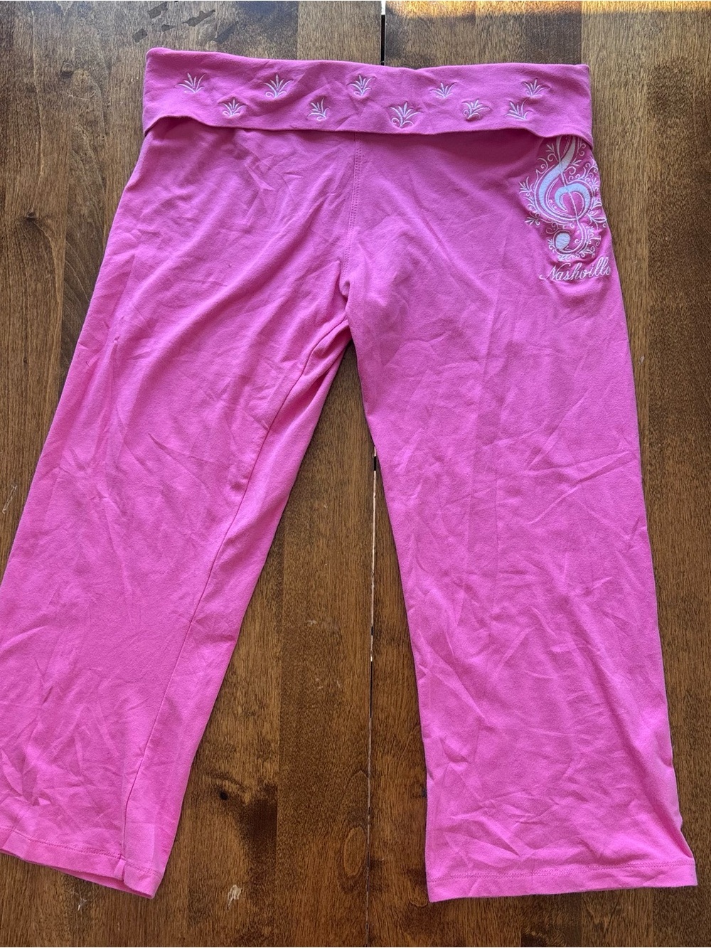 Pink capri Yoga Pants with Embroidered Waistband
